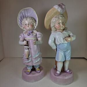 Vintage Bisque Boy & Girl Umbrella Figurines Porcelain 10-11" Pair Collectible